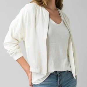 prAna Soft White Barlow Bomber Cotton Dobby Eyelet Zip Jacket Size Small